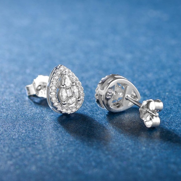 NWOT - Sterling Silver Teardrop Stud Earrings – Cubic Zirconia Halo Sparkle - Picture 2 of 7